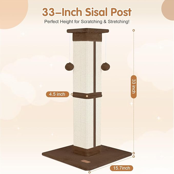 Cat Scratching Post 33 inch for Indoor Cats, High Cat Scratch Post Brown, Cat Tree for Full-Body Stretching, Protect Your Furniture