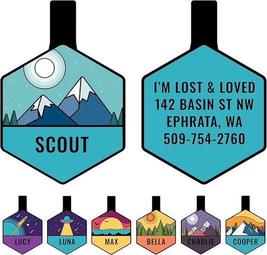 GoTags Silent Dog Tag, Personalized Engraved Hexagon Silicone Dog and Cat Name Pet ID Tags, Soundless No More Jingling Dog Tags (Mountain Blue)