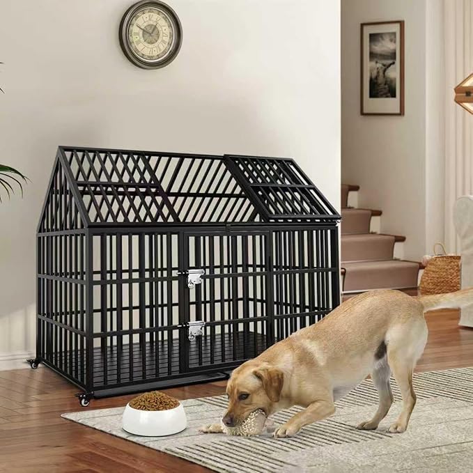 Heavy Duty Dog Crate for Large Dogs, 58 inches Extra Large Dog Kennel Indoor, Indestructible Dog Crate for High Anxiety Dogs, Double Door with Wheels