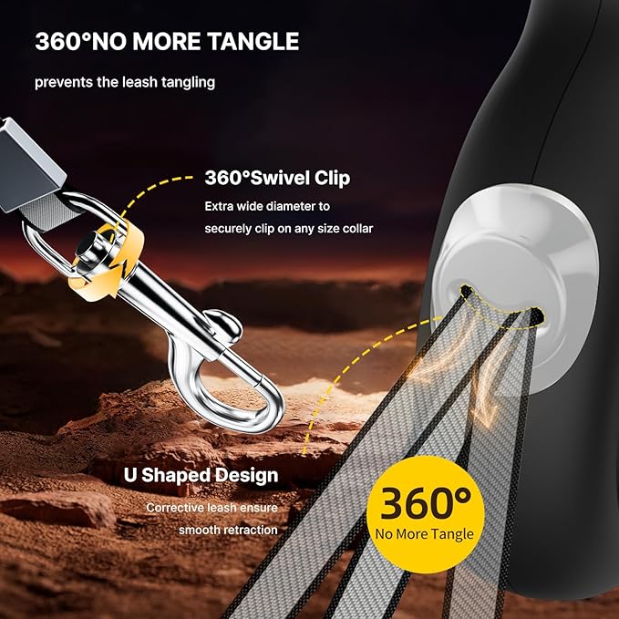 AutoBrake Retractable Dog Leash for Medium and Large Dogs, 360° Tangle-Free Dog Leash and 16Ft Strong Nylon Tape, Ergonomically Comfortable and Lightweight Grip Handle (Black)