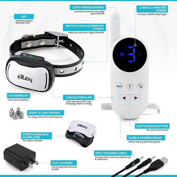 eXuby - Tiny Shock Collar for Small Dogs 5-15lbs - Smallest Collar on The Market - Sound, Vibration, & Shock - 9 Intensity Levels - Pocket-Size Remote - Long Battery Life - Water-Resistant - White