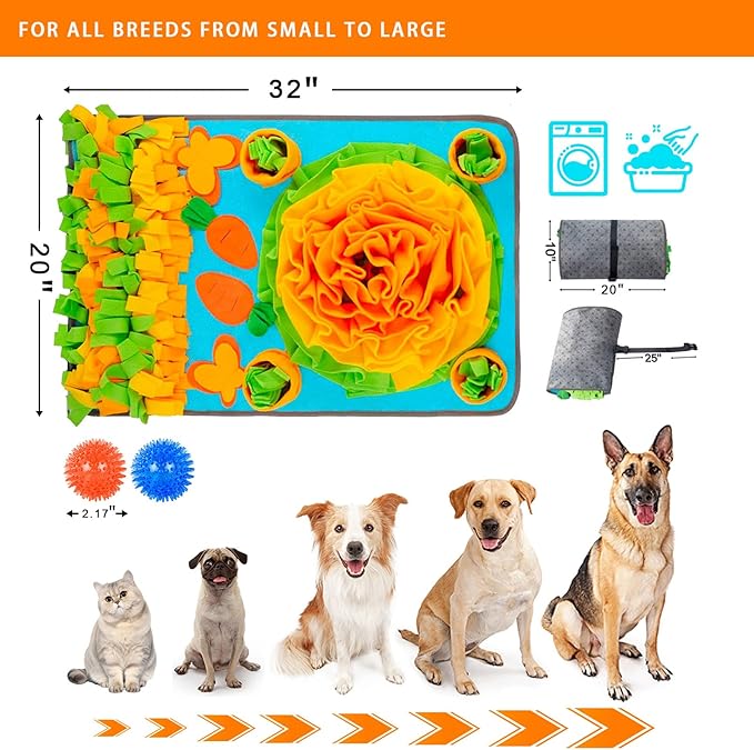 Snuffle Mat for Dogs - Interactive Dog Feeding Mat with Squeaky Center & 2 Spikey Balls | Mental Enrichment Toy for Small, Medium, Large Dogs | Slow Feeder, Machine Washable, Non-Slip Base