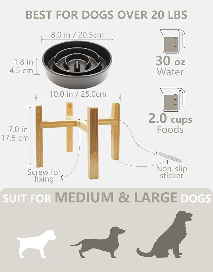 Ceramic Slow Feeder Dog Bowls Elevated, 2.0 Cups Slow Feeder for Medium and Large Dogs, Puzzle Maze Bowl to Slow Down Eating, 30oz, 8in, Black