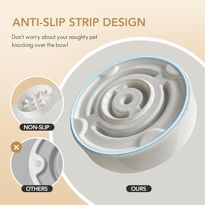 Ceramic 1.2 Cup Dog Bowl Slow Feeder, 7.3 inch Slow Pet Food Dish for Medium and Small Dog, Stop Bloat, Preventing Choking(Single Bowl, Reactived Glaze -White)