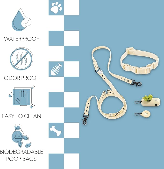 WLK1004L-5SET Luna Small 8FT Adjustable 6-in-1 Waterproof Hands-Free Leash and Collar with LED Flashlight, Bag Dispenser, and Poop Bag Holder, Bailey