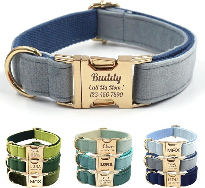 Velvet Personalized Dog Collar with Name - Customizable Dog Collar with Quick Release Metal Buckle - Leash and Bow Tie Available (Chambray, L)