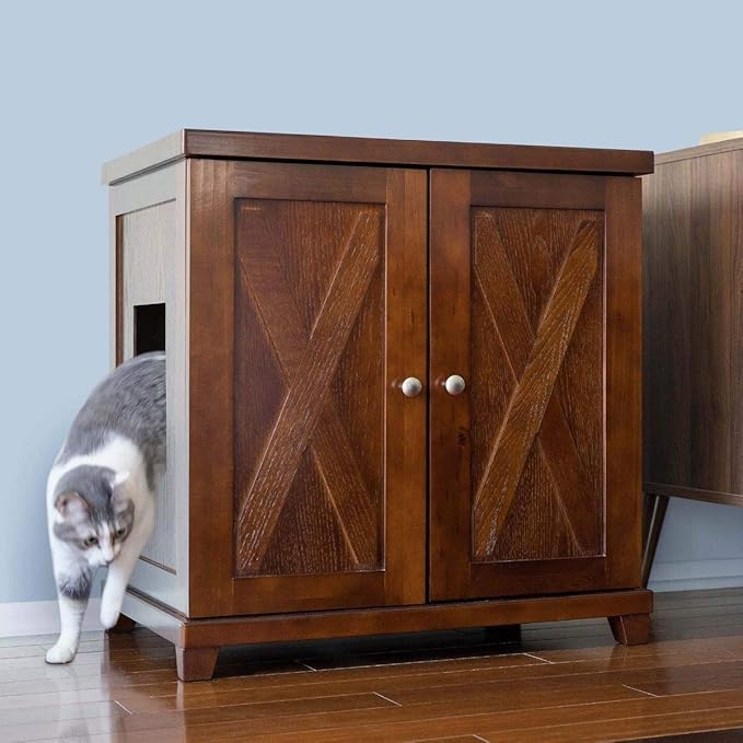 THE REFINED FELINE Cat Litter Box Enclosure Cabinet, Farmhouse, Mahogany Brown, Tapered Feet, Large, Hidden Litter Cat Furniture with Drawer