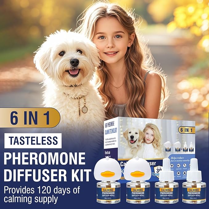 Dog Calming Pheromones Diffuser 6 in 1 Kit Appeasing Pheromone Diffuser to Calm (2 Plug in+4 x48ml Refill) for Anxiety Relief Reduce Aggression Fighting Barking Stress 120 Day Supply(Tasteless)