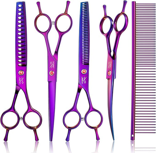 JASON Professional 6 in 1 Dog Scissors Kit - Straight, Thinning, Chunker, Curved Shears and Comb for Long Short Hair and Cat