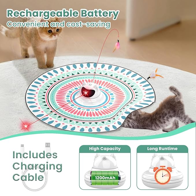3 in 1 Automatic Interactive Cat Toy, Cat Laser Pointer Toy with Random Trajectory, Hide and Seek Moving Feather, Rechargeable Electronic Teaser Wand for Bored Indoor Cats