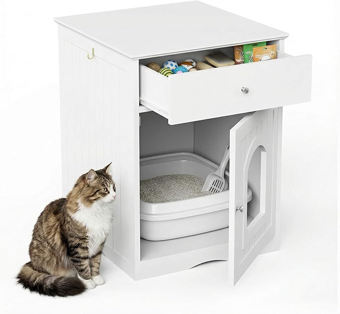 Cat Litter Box Enclosure Furniture with Drawer - Wooden Hidden Litter Box Cabinet, Indoor Pet Crate & Cat House Nightstand, Side Table for Living Room, 18.9" W x 20.9" D (White + Solid Wood)