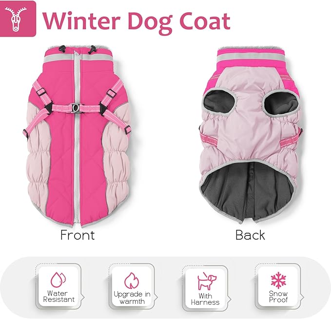 Dog Winter Coat with Harness, Dog Jacket, Pet Clothes with Zipper on Back, Waterproof Windproof Warm Vest, Reflective Cold Weather Coats, for Small Medium Large Dogs, Thick, Pink,XS