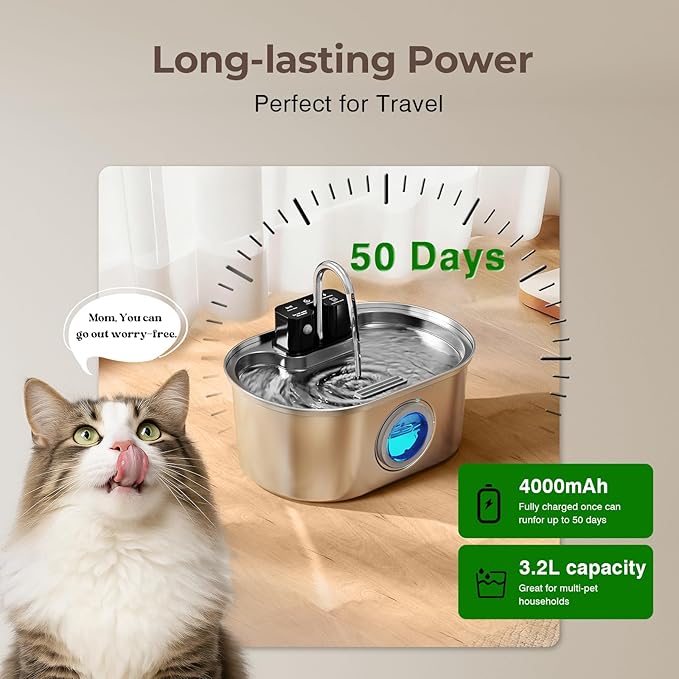 PEKTACO Wireless Cat Water Fountain Stainless Steel, 108oz/3.2L Cordless Battery Operated Pet Water Fountain for Cats Indoor with Quiet Pump, Easy Clean, BPA-Free(3 Filters)