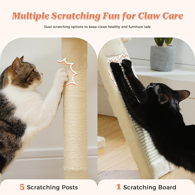 64-Inch Large Cat Tree for Indoor Cats, Multi-Level Tall Cat Tower with 2 Soft Top Perches, 2 Caves, 5 Sisal Scratching Posts, 2-in-1 Scratching Ramp, 1 Hammock & 3 Pompoms, Beige