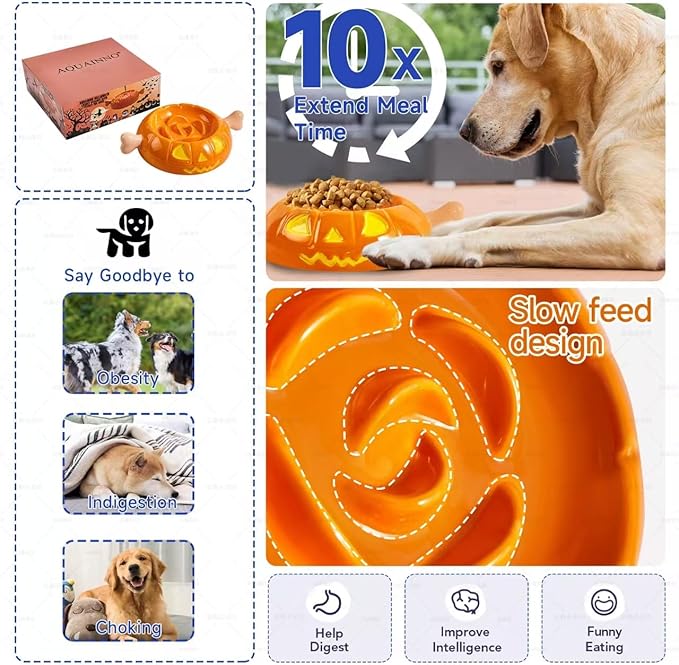 Dog Bowls Slow Feeder Ceramic, Pumpkin-Shaped & The Bone Handle Design,1.5 Cups Small Medium Breed, Slow Feeder for Fast Eater, Dog Dishes to Slow Down Eating, Orange