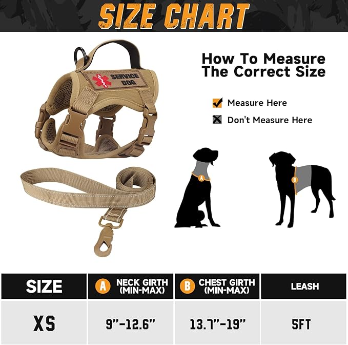 Tactical Dog Harness for Small Dogs, Military Puppy Vest Harness and Leash for Outdoor Training, Adjustable Service Dog Vest with Handle, 3 Patches