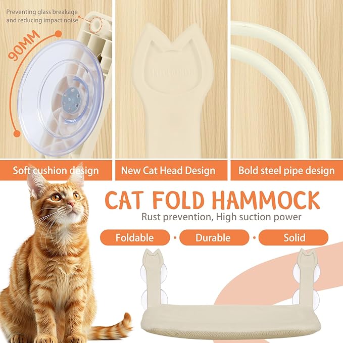 2 Pack Cat Window Perch,Cat Window Hammock Cordless Foldable Window Bed with 4 Large Strong Suction Cup,Reversible Cushion Cover,Metal Frame Easy to Adjust Window Seat Holds up to 40lbs(Beige，M)