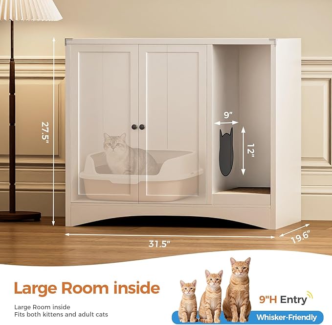 AUN Cat Litter Box Enclosure Hidden Cabinet, Easy Clean Steel Frame Pet House Furniture, Cat Washroom with Curved Entry, Dog-Proof, White, 31.5x19.6x27.5 Inches, Indoor Use