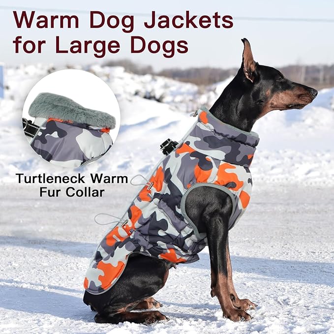 Dog Winter Jacket XX-Large Orange-Camouflage Water-Resistant Dog Coat with Harness for Large Dogs
