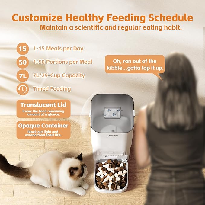 Automatic Cat Feeder 7L/29Cup Automatic Dog Feeder 5G/2.4G WiFi Programmable Cat Food Dispenser APP Remote Feed 15 Meal 50 Portion Dog Food Dispenser 10s Voice Record with Desiccant Bag