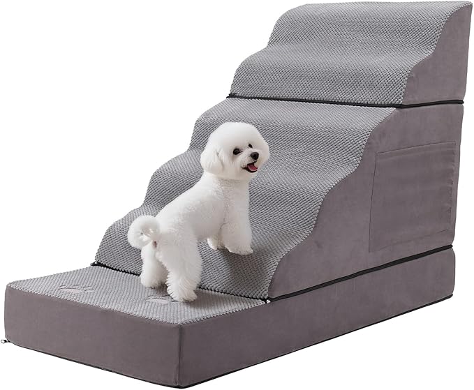 6-Step Dog Stairs – Non-Slip Pet Ramp for Bed, Couch & Car, Wide Steps for Puppies & Senior Dogs, Sturdy Grey 43.3"x19.7"
