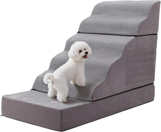6-Step Dog Stairs – Non-Slip Pet Ramp for Bed, Couch & Car, Wide Steps for Puppies & Senior Dogs, Sturdy Grey 43.3"x19.7"