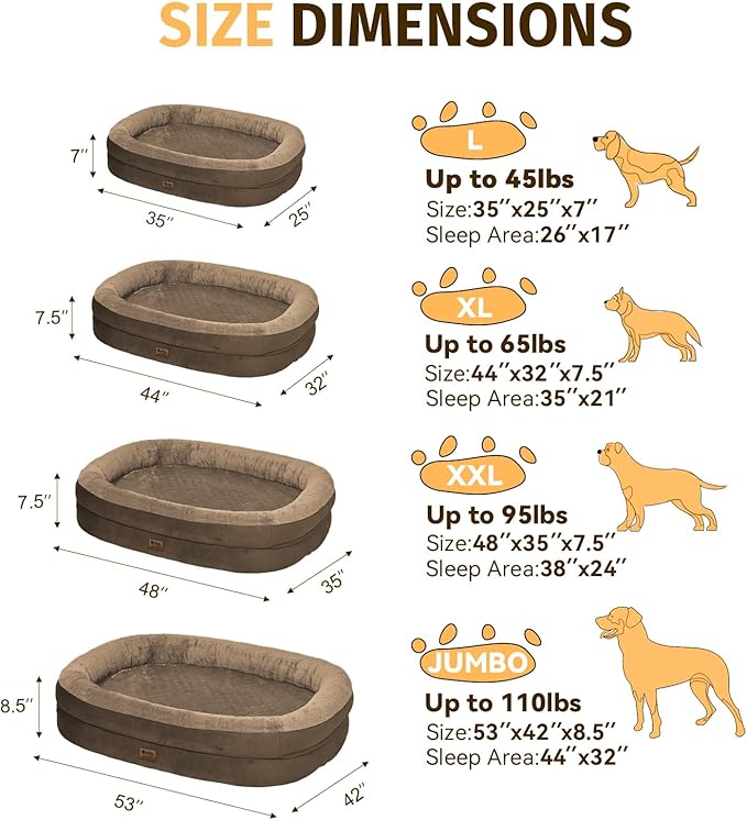 Orthopedic Waterproof Large Dog Bed: Memory Foam Washable Dog Bed with Bolsters - XL Removable Orthopedic Pet Cover for Medium Large Sized Pet - Non-Slip Bottom - Coffee