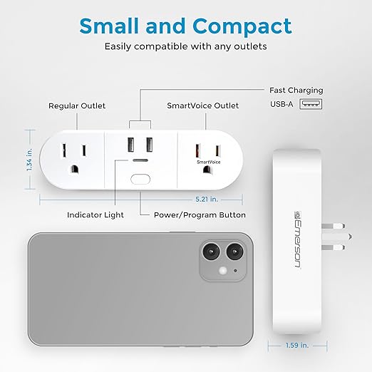 Emerson SmartVoice 4-in-1 Wall Plug, Offline 30+ Voice Control Commands, No APP, No WiFi, No Setup, Smart Outlet w/ 2 AC Outlets, 2 USB-A Ports, Sleep & Wake Timer, ETL Listed