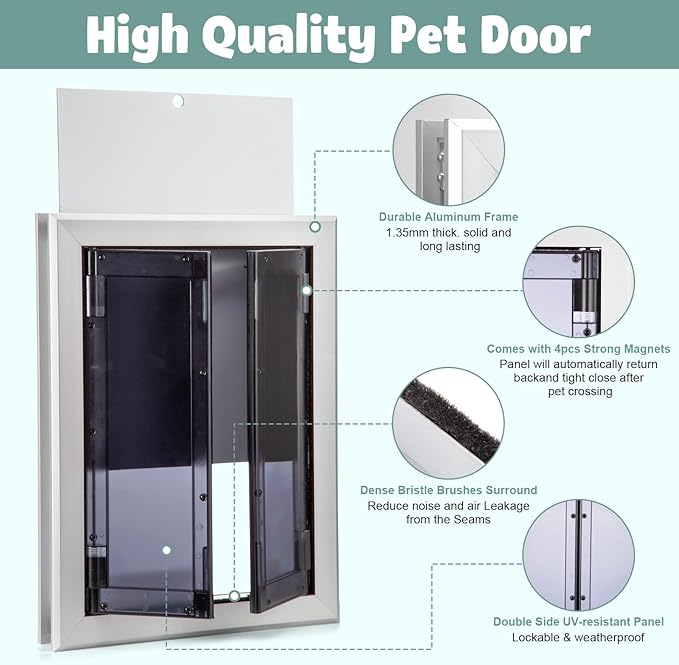 Premium Large Dog Door, Aluminum Pet Door with Double Panels, Doggie Door with Automatic Closing Magnetic Flaps, Slide-in Panel & 4 Security Locks, Weather Resistant & Durable Use, Large