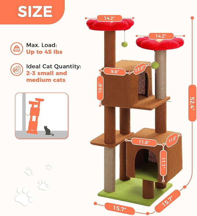 Flower Cat Tree, 52.4 Inch Multi-Level Cat Tower for Indoor Cats with Dual Top Perches, 2 Condos & Scratching Posts, Plush Cat Furniture for Kittens and Medium Cats, Brown