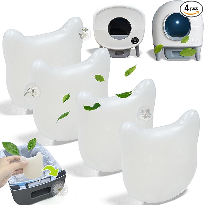NewKe 4 Pack Deodorizer for Cumrige Self Cleaning Litter Box, Odor Eliminator Compatible with Fumoi Automatic Cat Litter Box, Cute Cat Shaped Design with Camellia Flower Scent, Fragrance Refills