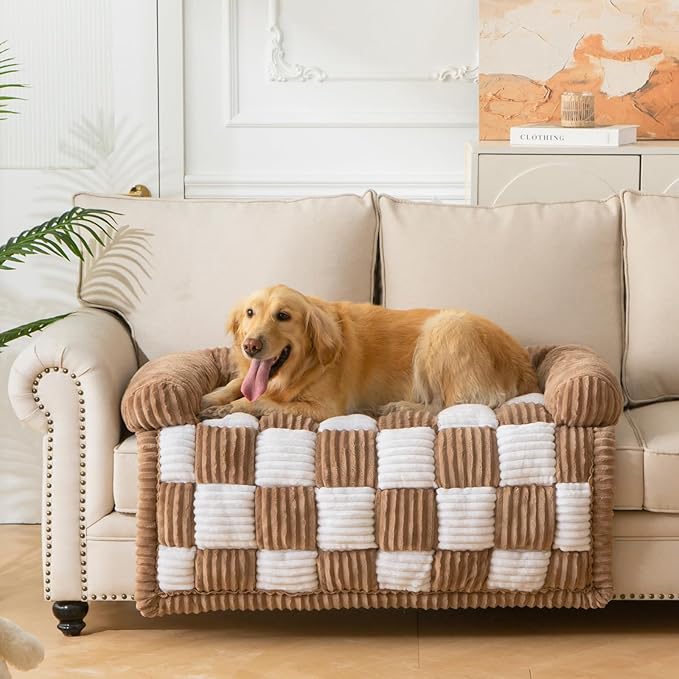 Dog Bed for Couch with Bolster, Comfy Couch Cover for Dogs Washable, Non-Slip Plush Furniture Protector, Calming Fuzzy Lounge Mat, Pet Sofa Accessories (Brown, X-Large)