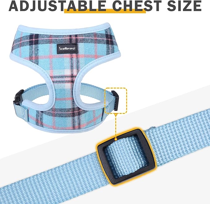 SCENEREAL Puppy Dog Harness with Leash Set for Small Medium Sized Dogs, Soft Mesh Step in Pet Harnesses and Leash, No Chock Plaid Adjustable No Pull Vest for Dogs Cats, Chihuahua,Bulldog (Blue S)
