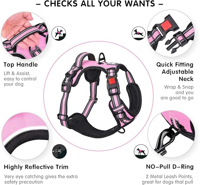 PoyPet No Pull Dog Harness, [Release on Neck] Reflective Adjustable No Choke Pet Vest with Front & Back 2 Leash Attachments, Soft Control Training Handle for Small Medium Large Dogs(Light Pink,S)