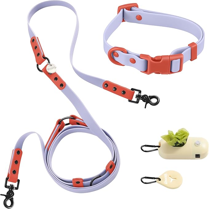 WLK1004E-5SET Luna Small 8FT Adjustable 6-in-1 Waterproof Hands-Free Leash and Collar with LED Flashlight, Bag Dispenser, and Poop Bag Holder, Sangria