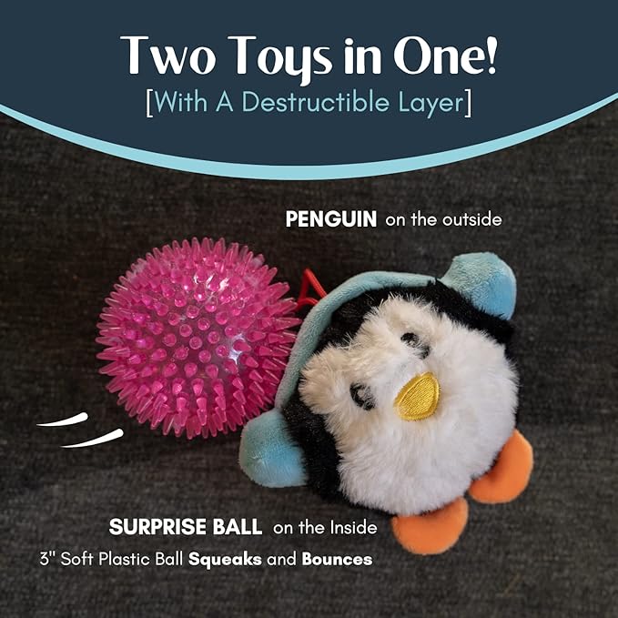 Flourish Pets 2 in 1 Christmas Multi-Layer Chew Toy for Active Dogs | Non-Toxic BPA Free Double Stitched Soft Fabric and Long-Lasting Dog Plush Toys (Penguin 3.5")