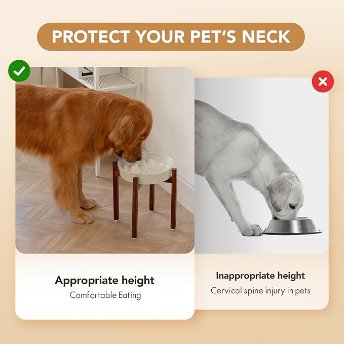 3.2 Cup Ceramic Dog Raised Slow Feeder Set, Elevated Bowl with Wooden Stand for Large Dog, 9.5inch Slow Feeder Dish for Fast Easters(1 Bowl & Stand, Vanilla White)