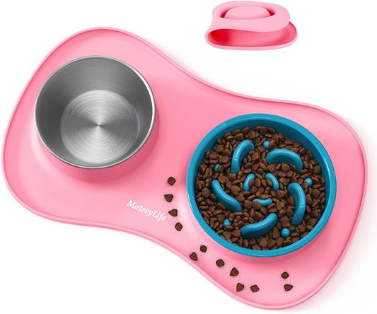 MateeyLife Dog Food Bowl Set 3 in 1, Dog Bowls & Water Stainless Steel Bowl with Non-Spill Silicone Mat, Slow Feeder Bowls for Small, Medium, Large Breeds, Cat Feeding Dish to Anti-Choking