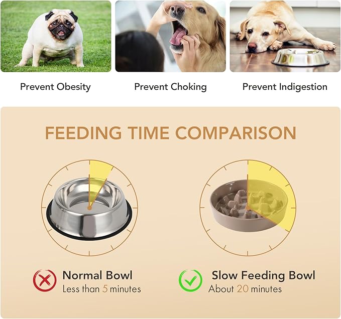 Ceramic 3.2 Cup Dog Bowl Slow Feeder, 9.5 inch Slow Pet Food Dish for Large Dog, Stop Bloat, Preventing Choking(Single Bowl, Brown Coffee)