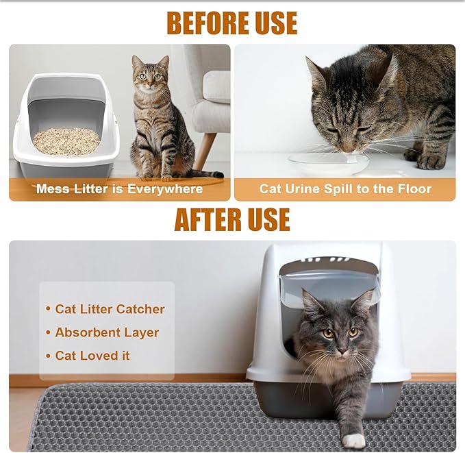 XL Cat Litter Mat - 45"x32" Extra Large, Honeycomb Double Layer Traps Litter, Washable & Urine Proof, Non-Toxic EVA for Multi-Cat Homes (Grey)