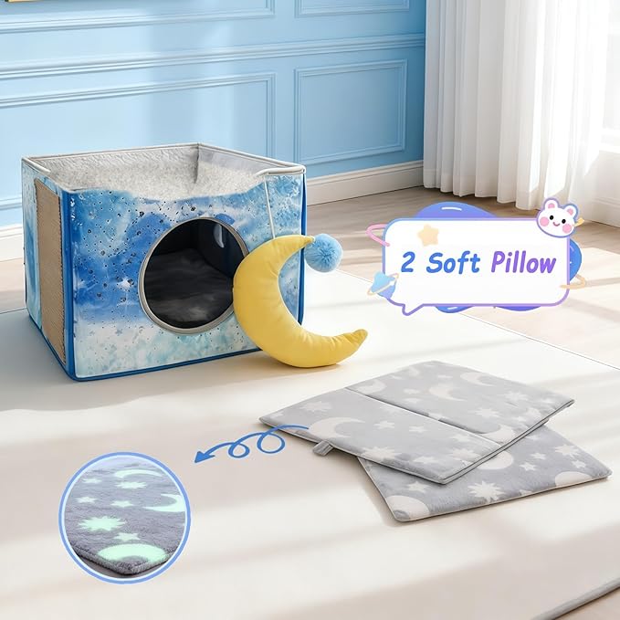CWV Cat Houses for Indoor Cats, Cute Cat Cave Bed with Scratch Pad, Foldable Cat Cube for Multiple Large Cats, 17X17x13inch, Star Design