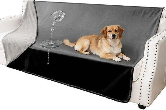 Waterproof Blanket for Couch, Leak Proof Dog Bed Blankets Reversible, Pet Throw Sofa Furniture Protector Machine Washable-52 x82,Black+Lightgrey