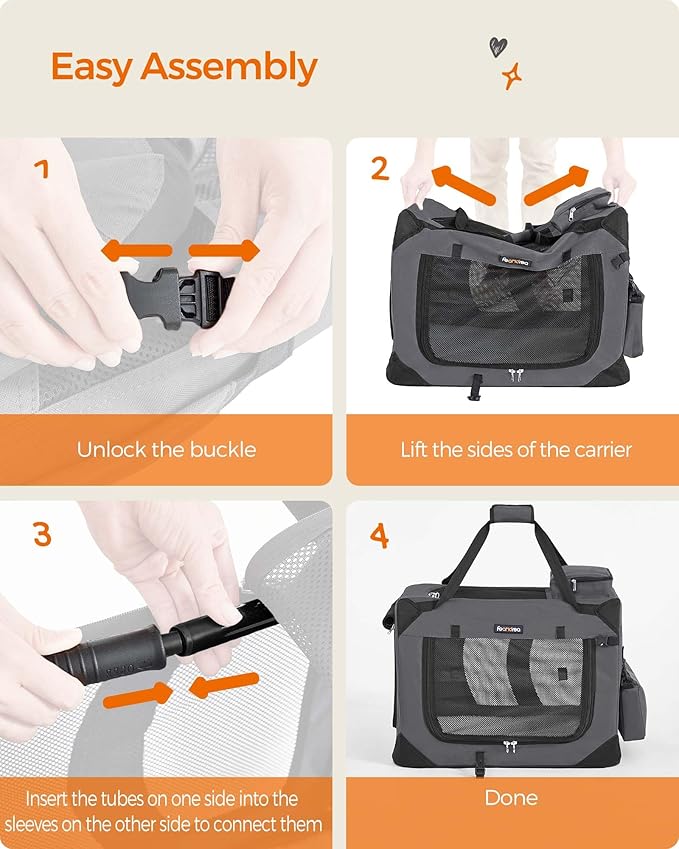 Feandrea 24 Inches Collapsible Soft Dog Crate, Portable Travel Dog Crate for Indoor and Outdoor Use, Dog Carrier Kennel with Safety Zippers, for Living Room, Car, Travelling, Camping, Gray UPDC60GY