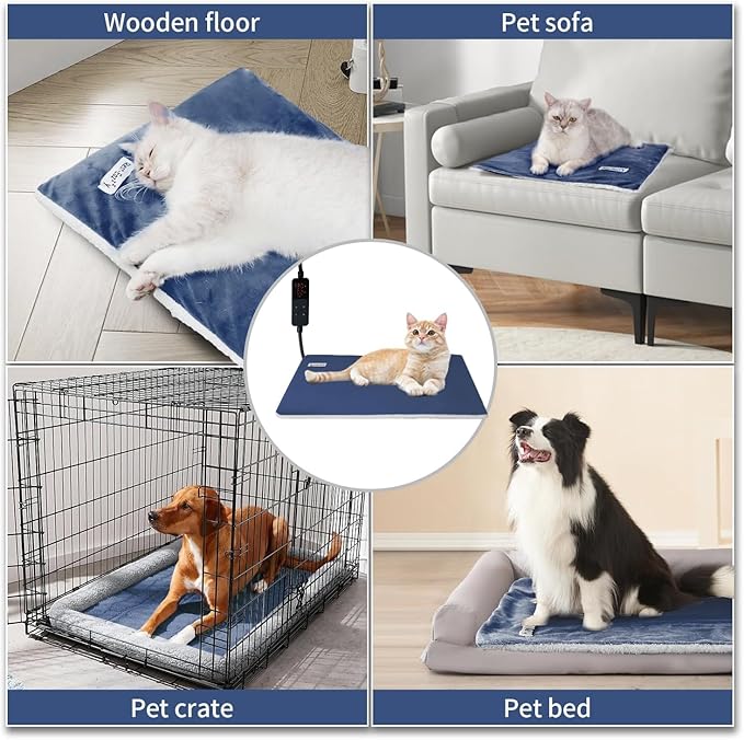 Rest-Eazzzy Heated Cat Bed with Removable Cover, 5 Level Timer & Temperature, Indoor Warming Mat for Cats & Dogs (Heat Pad, Pure-Blue, M)