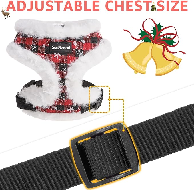 SCENEREAL Dog Christmas Harness Collar and Leash Set, Warm Fleece No Pull Puppy Vest Harnesses No Chock Adjustable Step in Small Pet Halter for Outdoor Walking Training, Black Red Plaid XS