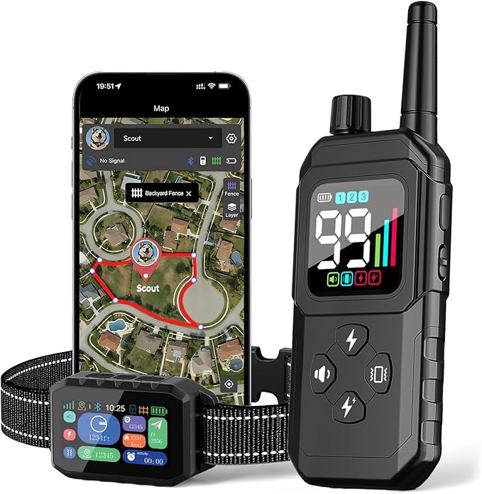 GPS Wireless Dog Fence – with Dog Collar, Remote & Free App, Custom GPS Fence, Adjustable Beep/Vibration/Static, IP67 Waterproof, Long Battery Life, for Dogs 10–120 lbs, Remote Kit