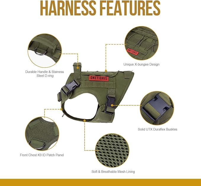 OneTigris Dog Harness, Tactical Dog Harness No-Pull Breathable Adjustable Pet Vest with Handle for Outdoor Walking(Ranger Green,Small)