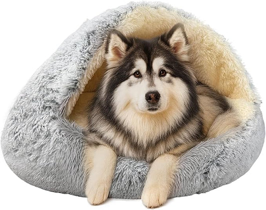 ShinHye Round Plush Fluffy Hooded Cat Bed Cave, Cozy for Indoor Cats or Small Dogs, Waterproof Bottom, Washable（40 in）