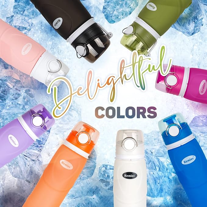 Kemier Collapsible Silicone Water Bottles-750ML,Medical Grade,BPA Free Travel Water Bottle Can Roll Up,26oz,Leak Proof Foldable Sports & Outdoor Water Bottles