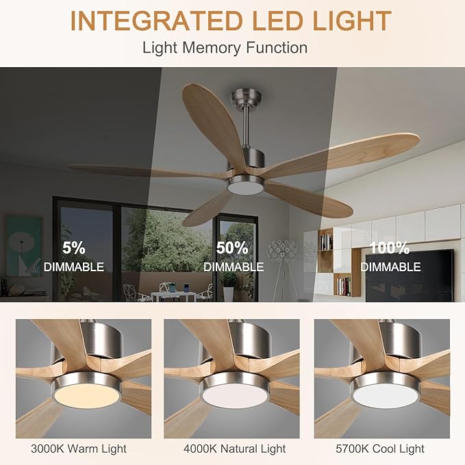reiga 60 Inch Large DC Motor Outdoor Ceiling Fan with Dimming LED Light Kit, Alexa, Google Home, App and Remote Control, 5 Natural Wood Propeller Blades for Patio Garage Farmhouse and Porch